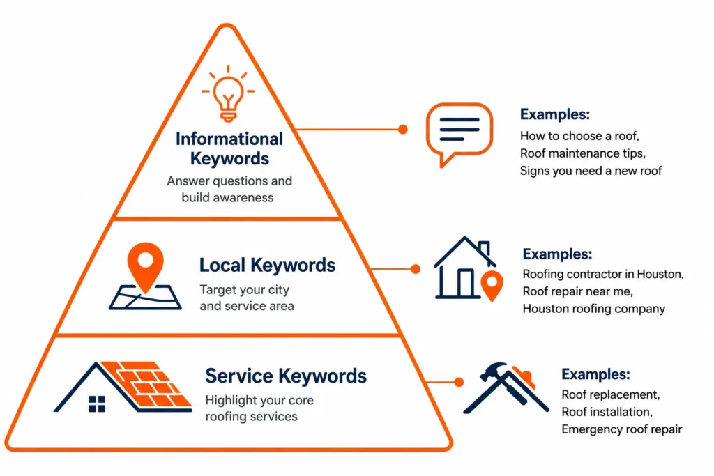 Three-tier roofing SEO keyword pyramid showing Service Keywords, Local Keywords, and Informational Keywords.