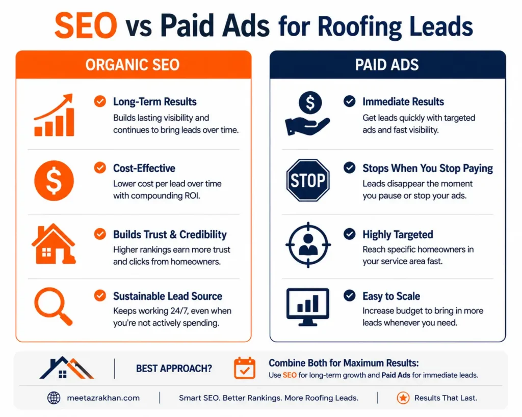 Infographic comparing Organic SEO and Paid Ads for roofing leads with checklist icons, benefits, and branding footer.