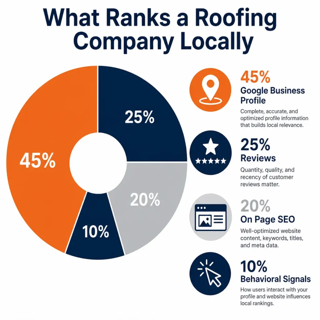 Donut chart infographic showing local roofing ranking factors: Google Business Profile, reviews, on-page SEO, and behavioral signals.